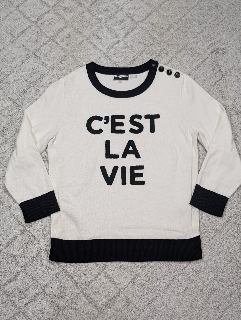 Karl Lagerfeld Paris Sweater Womens S White Black C’est La Vie Logo Patch
